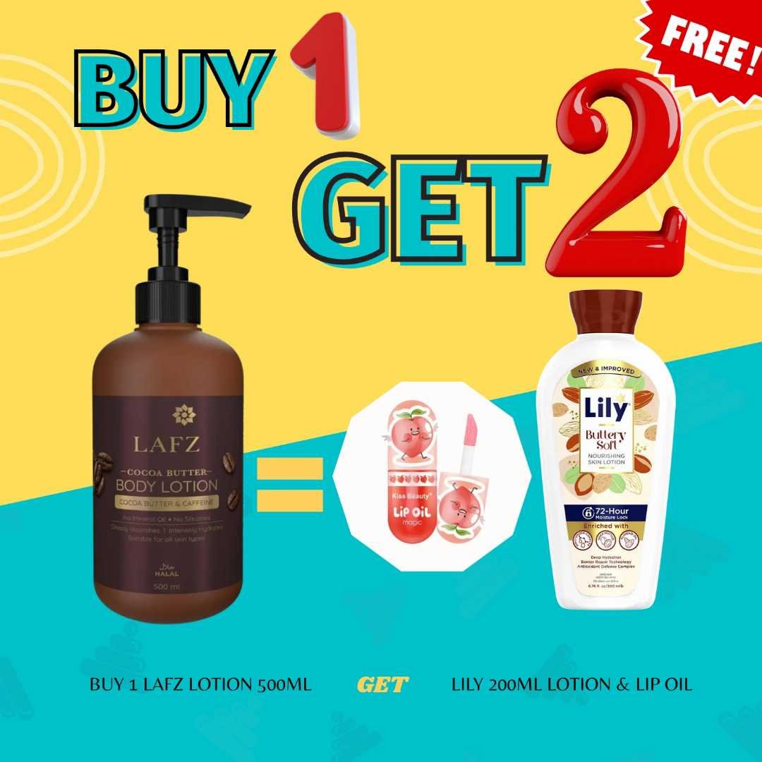 BUY 1 GET 2 FREE (LAFZ COCOA BUTTER 500ML // LILY LOTION 200ML // LIP OIL))